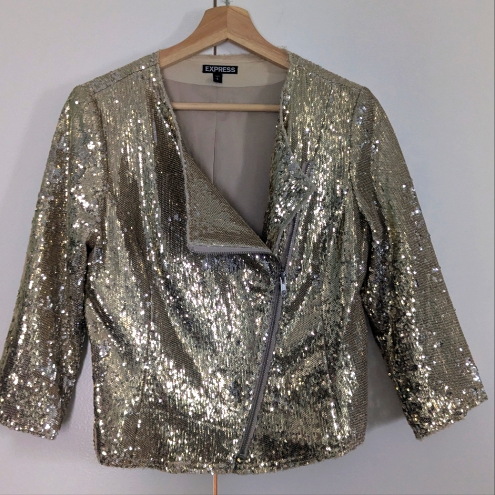 Express Gold Sequin Moto Blazer - Sparkly New Years Jacket!